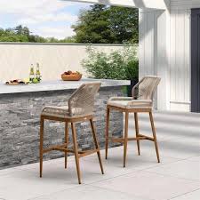 Modern Aluminum Twill Wicker Woven Bar Height Outdoor Bar Stool With Back And Cushion 2 Pack
