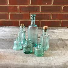 Set Of 6 Antique Glass Ink Bottles Aqua