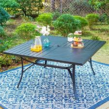 Black 9 Piece Metal Patio Outdoor Dining Set With Slat Square Table And Rattan Chairs With Beige Cushion