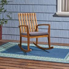 Noble House Colmena Teak Brown Acacia Wood Outdoor Rocking Chair With Dark Grey Cushion