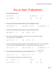 Test On Topic 19 Quadratics