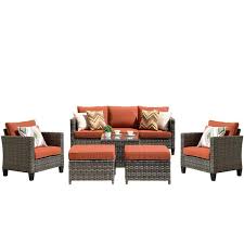 Mars Gray 6 Piece Wicker Outdoor Patio Conversation Seating Set With Orange Red Cushions