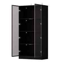 Black Wood Display Cabinet With Tempered Glass Doors And 3 Color Led L