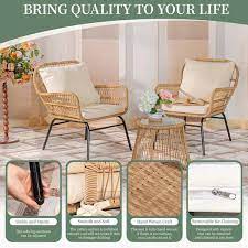 6 Piece Boho Outdoor Furniture Beige Wicker Small Size Patio Conversation Sofa Set With Round Ice Bucket And Table