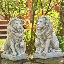 21 Tall Set Of 2 Antique Grey Lion Sentry Statues With Fleur De Lis Harold Leo Zr561210 Gy Zaer Ltd