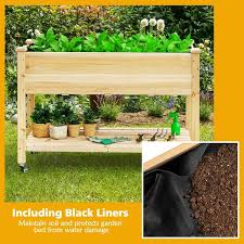 Gymax Raised Garden Bed Wood Elevated Planter Bed W Lockable Wheels Shelf Liner