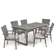 Lily Outdoor 7 Piece Acacia Wood Dining Set With Wicker Chairs And Cushions Sandblast Dark Grey Gray