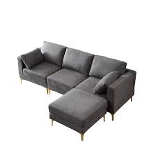 92 9 In Wide Square Arm Polyester Modern L Shaped Sofa In Dark Gray With Ottoman And 2 Pillows