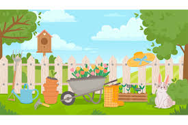 Garden Landscape With Tools Cartoon