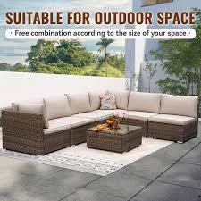Cesicia 7 Piece Wicker Outdoor Sectional Sofa Set Patio Conversation Set With Beige Cushions