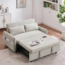 55 In Pull Out Sleeper Sofa Bed Beige Microfiber Loveseats Couch With Adjsutable Backrest Pockets Pillows For Apartment