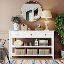 Retro And Modern Design 50 In White Rectangle Pine Console Table With 3 Top Drawers And 2 Open Shelves