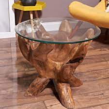 Teak Root Round Table With Glass Top