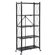 Funkol 5 Tier Black Metal Kitchen Shelf Foldable Storage Rack With Wheelsmultifunctional Cart