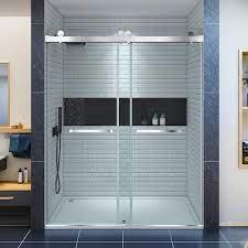 Wellfor 72 In W X 76 In H Double Sliding Frameless Shower Door In Brushed Nickel Shower Enclosure With 3 8 In Clear Glass