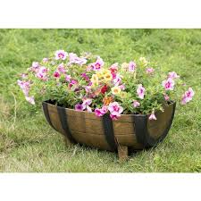 Gardenised Rustic Wood Look Plastic Half Barrel Flower Pot Garden Planter Pack Of 2