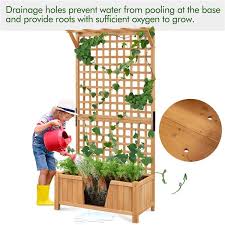 72 In H Wood Planter Raised Bed With Trellis For Vine Climbing Plants And Vegetable Flower Light Brown