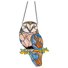 Perched Owl Stained Glass Panel Signals