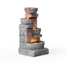 Teamson Home Outdoor Zen Garden 33 In Stone Texture Polyresin Cascading Waterfall Fountain With Led Lights