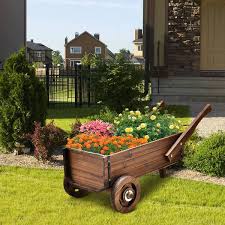 Rustic Brown Wooden Wagon Planter Box With Wheels Handles And Drainage Hole