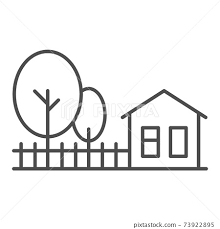 Cottage House With Trees Thin Line Icon