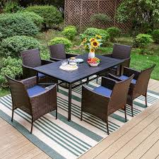 Phi Villa Black 7 Piece Metal Patio Outdoor Dining Set With Straight Leg Rectangle Table And Rattan Chairs With Blue Cushion