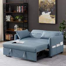 57 In Blue Modern Convertible Full Size Pull Out Faux Leather Sleeper Sofa Bed Reclining With Adjustable Backrest
