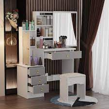 Gray Wood Makeup Vanity Table Stool Set