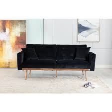 68 In Wide Black Velvet Upholstered Tufted 2 Seats Loveseat Sleeper Sofa With Golden Metal Legs