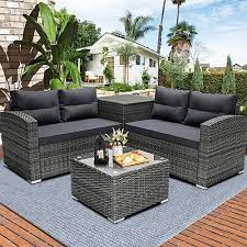 Rattan Patio Sofa Set 4 Pieces Outdoor Sectional Furniture Set All Weather Pe Rattan Wicker Patio Conversation Set Cushioned Sofa Set With Glass