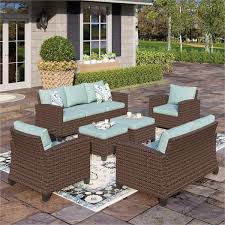 Brown Rattan Wicker 9 Seat 6 Piece Steel Patio Outdoor Sectional Set With Blue Cushions And 2 Ottomans
