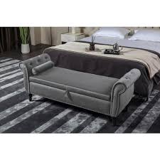 Gray Velvet Upholstered Ottoman 63 In Bedroom Bench Tufted Storage Bench With Solid Wood Legs