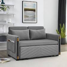 54 In Gray Velvet Full Modern Convertible Sofa Bed With 2 Detachable Arm Pockets With Pull Out Bed And Headboard