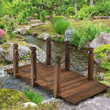 5 Ft Wooden Garden Bridge Arc Footbridge Stained Finish Walkway With Safety Rails