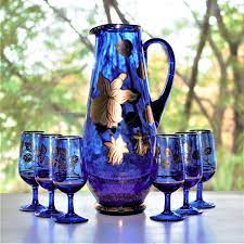 Vintage Decanter 7 Pc Cobalt Blue And