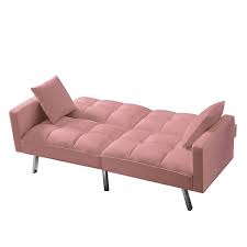74 In Pink Velvet 2 Seater Loveseat Convertible Sofa Bed With 2 Pillows
