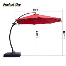 11 Ft Large Outdoor Aluminum Curvy Cantilever Offset Hanging Patio Umbrella With Sandbag Base And Cover In Red