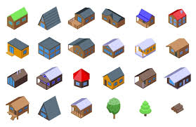 Wooden Cabin Icons Set Isometric Vector