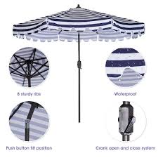 9 Ft Patio Umbrella Outdoor Table Market Umbrella With Push On Tilt And Crank Blue White Stripes With Flap