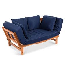 Best Choice S Outdoor Convertible Acacia Wood Futon Sofa W Pullout Tray 4 Pillows All Weather Cushion Navy