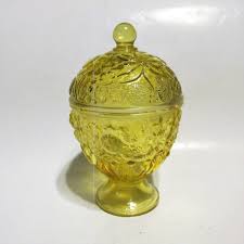 Amber Yellow Glass Covered Candy Dish