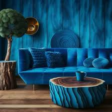 Vivid Blue Velvet Sofa And Stump Coffee