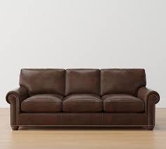 Webster Roll Arm Leather Grand Sofa 94 5 With Nailheads Down Blend Wrapped Cushions Mason Pebble Chocolate Pottery Barn
