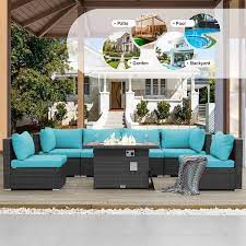 Large Size 7 Piece Charcoal Wicker Patio Fire Pit Conversation Sectional Deep Seating Sofa Set With Teal Cushions