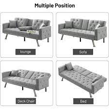 Gray 75 59 In Linen Arm Chair Futon Sofa Bed Convertible Sleeper Reclining Couch With Cup Holder Metal Legs