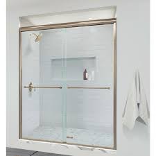 Basco Infinity 47 In X 70 In Semi Frameless Sliding Shower Door In Brushed Gold With Aquaglidexp Clear Glass