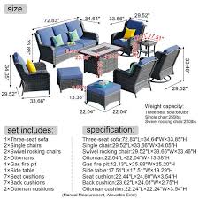 Ovios Joyoung Gray 9 Piece Wicker Patio Rectangle Fire Pit Conversation Set With Denim Blue Cushions And Swivel Chairs