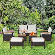 Angeles Home 7 Piece Wicker Rattan Patio Conversation Set With Acacia Wood Tabletop And Off White Cushions