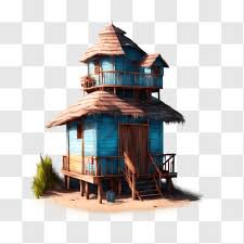 Blue Thatched Roof House On Stilts Png