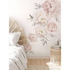 Blushing Peonies Vinyl Wall Sticker Flowers Wall Mural Set Of 6 Grey Washed Pink